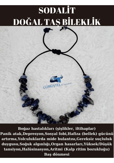 Gümüştel El Sanatları Sertifikalı Doğal Kırık Taş Sodalit Taşı Bileklik Asansörlü Kilit Sistemi Gri