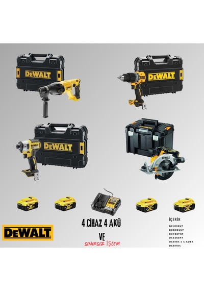 Dewalt DCH133NT + DCD805NT + DCF887NT + DCS565NT 4 Adet 5 Amper Akü + Şarj Aleti Set
