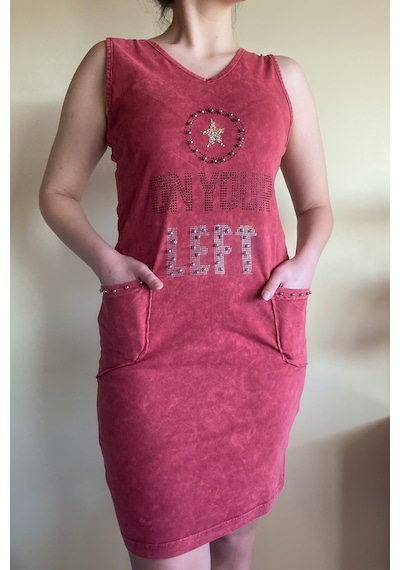 Mia Butik Kadın İtalyan Yıkamalı Kolsuz Koyu Kırmızı Elbise-676 Kırmızı