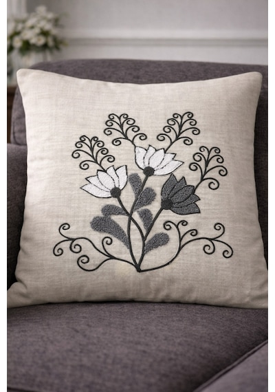 Punch Panç Nakışlı İşlemeli Kırlent Kılıfı 43x43cm Dekoratif Gündelik Kırlent Kılıfı - 1 Adet Gri Çiçekli