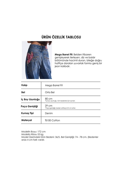 Kadın Koyu Mavi 2w6-1 Mega Barrel Fit Nakış Özel Tasarım Denim Jean