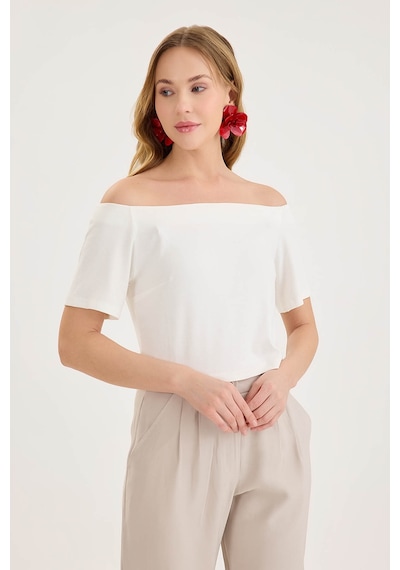 Vitrin Kayık Yaka Crop Bluz Ekru