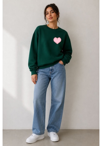 Herkesemoda Minimal Kalp Baskı Detaylı Şardonlu 2 İplik Bisiklet Yaka Sweatshirt Yeşil