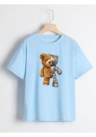 Flood Of Style Unisex Bebe Mavisi Robotik Ayıcık Baskılı Oversize Bisiklet Yaka T-shirt Mavi