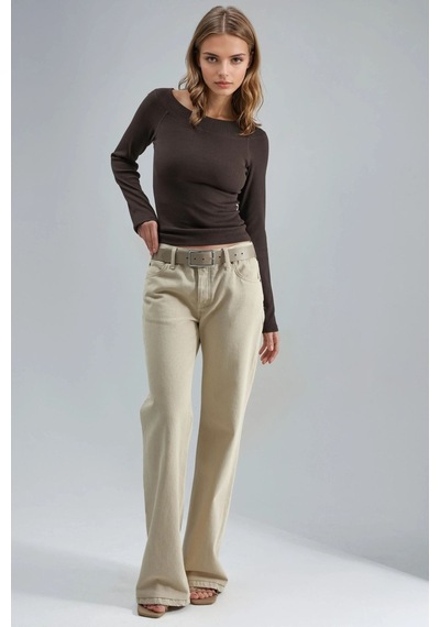 Hiccup Busem Slim Fit Fitilli Kayık Yaka Bluz Kahve Kahvesi