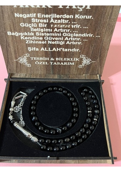 Akik Taşı Tesbih & Bileklik Seti Özel Tasarım Siyah