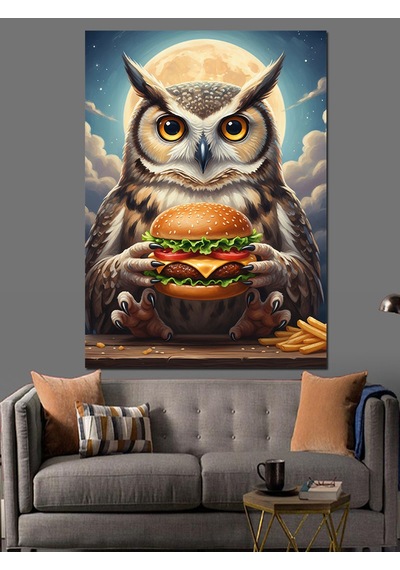 Ahşap Tablo Burger Yiyen Bilge Baykuş Dekoratif Tablolar
