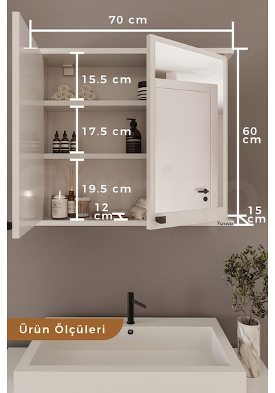 Furniqo Ad-1 Lavabo Üstü Aynalı Banyo Dolabı Beyaz