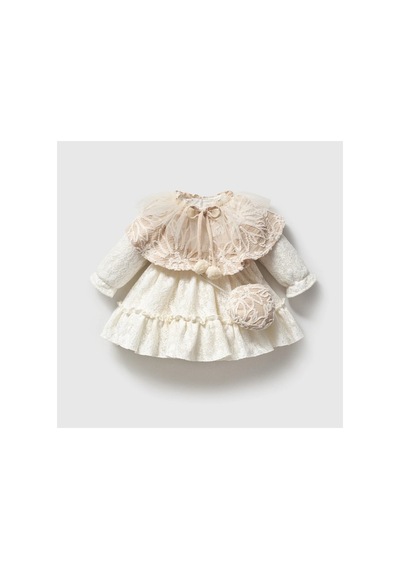 Ministok Elena Pelerinli Kız Bebek Elbisesi 3 Parça Elbise - Pelerin- Çanta Bej