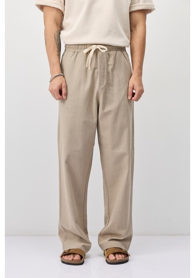 Vamos Bağcıklı Baggy Fit Keten Pantolon Bej