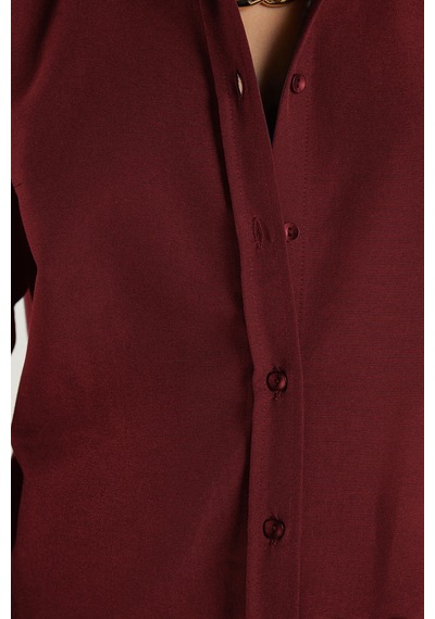 Tudors Kadın Slim Fit Dar Kesim Uzun Kollu Pamuklu Vücuda Oturan Dokulu Bordo Basic Gömlek-42050