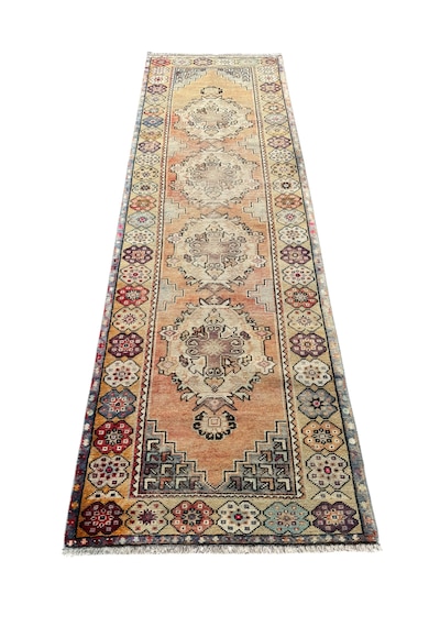 El Dokuma Vintage Eskitme Maden Halısı 94x300 Yün 3 Metre Yolluk Renkli