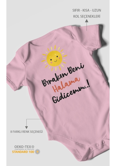 Bırakın Beni Halama Gidicemm Baskılı Bebek Zıbını Çıtçıtlı Body %100 Pamuk Kısa Kol Koyu Pembe