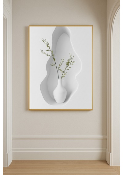 Stillness Beyaz 01 - Gerçek Cama Baskı Gold Alüminyum Metal Çerçeveli Tekli Modern Çiçekli Tablo