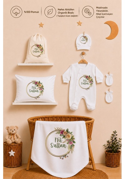 Pia Baby Kız Bebek İsimli Hastane Çıkışı 6 Parça Tulum Şapka Eldiven %100 Pamuk Hediye Seti 1094tybk3x Krem