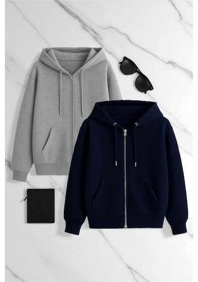 Uyguntarz 2'li Paket Fermuarlı Mevsimlik Sweatshirt Çok Renkli