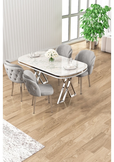 Canisa Zae Serisi 90x168 Lak Panel Beyaz Mermer Desen Krom Ayak Masa Takımı 4 Gri Sandalye Beyaz Mermer Desen Masa,gri Sandalye Canisa Zae Serisi 90x168 Lak Panel Beyaz Mermer Desen Krom Ayak Masa Takımı 4 Gri Sandalye Beyaz Mermer Desen Masa,gri Sandalye