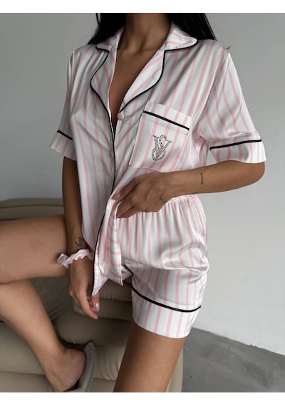 Victoria's Secret Kadın İkili İpek Saten Pijama Takımı Pembe - Beyaz