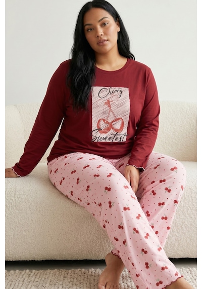 Siyah İnci Pamuklu Likralı Büyük Beden Battal Boy Örme Pijama Takım 26240895 Bordo