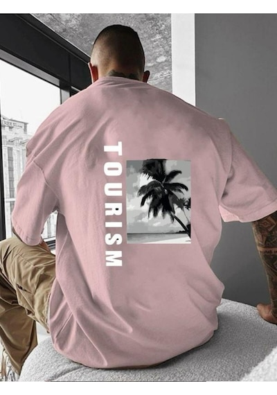 Tourısm Baskılı Oversize Tişört Pembe