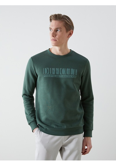 Lcwaıkıkı Classic Yeşil Bisiklet Yaka Baskılı Erkek Kalın Sweatshirt