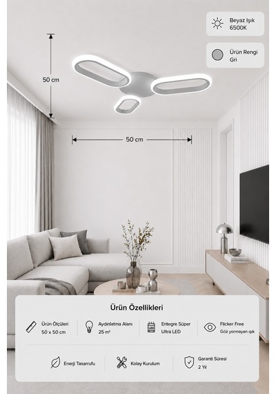 Hilton 3'lü Led Plafonyer Avize Beyaz Işık Gri