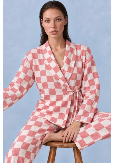 Kadın Kruvaze Yaka Kareli Beli Kuşaklı Pembe Pijama Takımı 4785