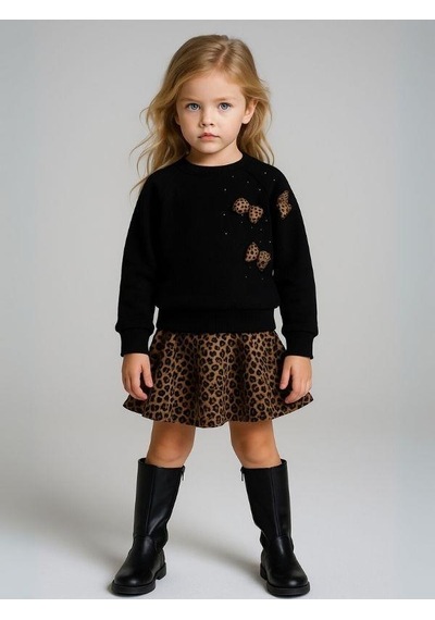 Kız Çocuk Leopar Fiyonk Detaylı Sweatshirt-16132 Siyah