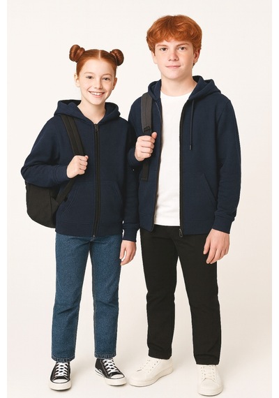 Giyicem Kız - Erkek Basic Fermuarlı Kapüşonlu Okul Sweatshırt G2025-3 Lacivert