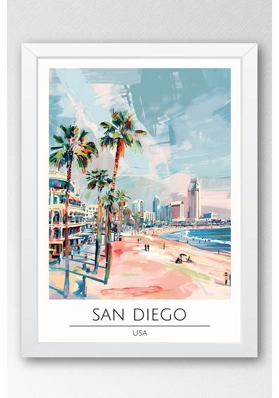 Abd San Diego Temalı Çerçeveli Tablo Travel Serisi Modern İllüstrasyon Sahil Duvar Dekoru Beyaz