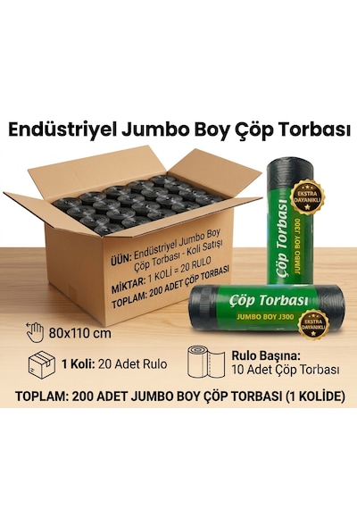 Günflex Endüstriyel Jumbo Boy Siyah Çöp Torbası, 20 Paket Toplam 200 Adet Poşet , 80x110 Cm, 300 Gr, Dayanıklı