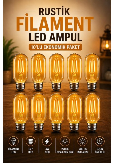 T45 Rustik Filament Led Ampul, E27 Duy, 10'lu Set, 4w, 2700k Sıcak Gün Işığı, 280 Lm, Dekoratif Vintage Diğer