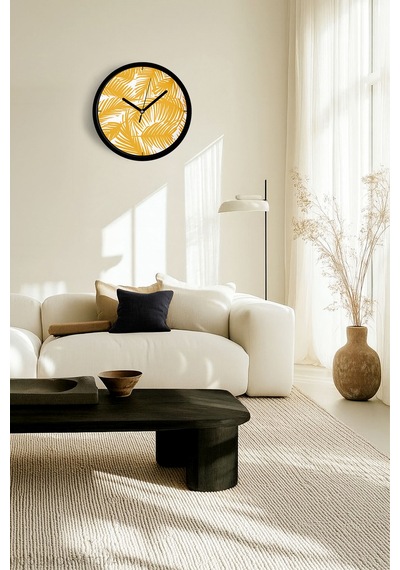 Tropikal Yaprak Desenli Modern Duvar Saati - 25cm - Önü Camlı Siyah Kasa - Sessiz Mekanizma-jh0595 Siyah