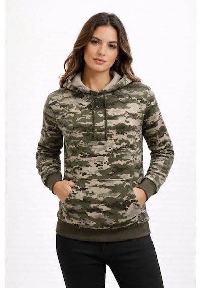 Kamuflaj Desenli 2 İplik 4 Mevsim Kapüşonlu Kanguru Cepli Hoodie Sweatshirt - Kamuflaj