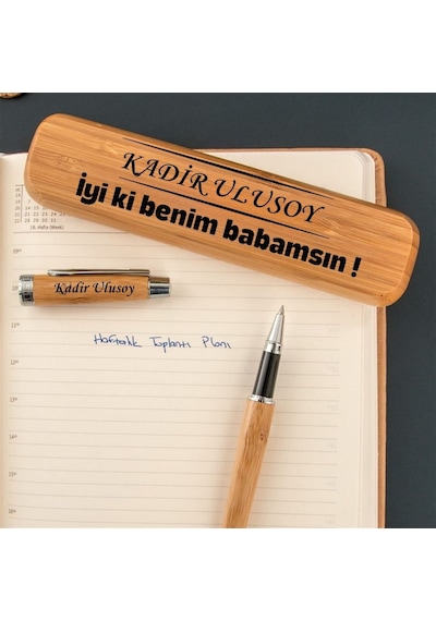 Babalar Günü Hediyesi İsme Özel Bambu Ahşap Roller Kalem Seti - İyi Ki Benim Babamsın Kutulu Kalem Mavi