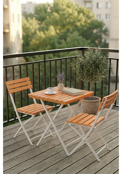 Katlanabilir 3'lü Masa Sandalye Bahçe & Bistro & Kamp & Balkon Takımı - Turuncu