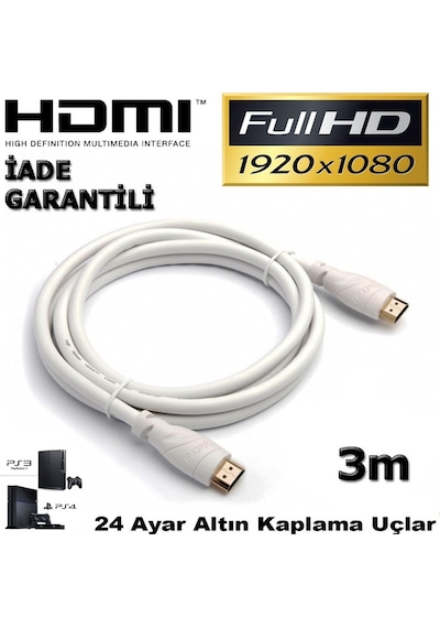 3M Metre Hdmi  Kablo V1.4 2160P Full Hd Beyaz Lcd Pc Laptop Ps3 3D