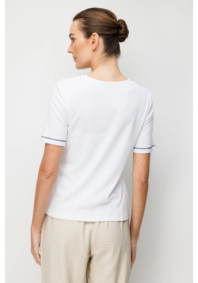 Desen Triko Sıfır Yaka Yakası Ve Kolu İşlemeli Pamuklu Penye Kadın T-shirt 26803 Ekru