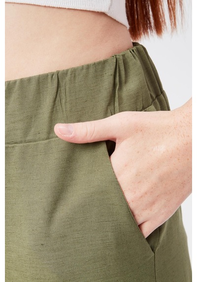Braccas Kadın Keten Görünümlü Yandan Cepli Beli Lastikli Relaxed Fit Pantolon Haki Haki