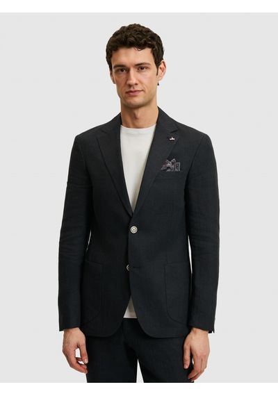 Cacharel Siyah Slim Fit %100 Keten Mikro Desen Mono Yaka Ceket