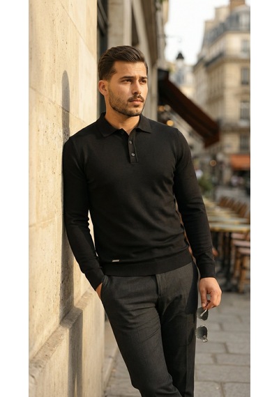 Suma Erkek Düğme Yakalı Triko - Siyah, 2xl Beden