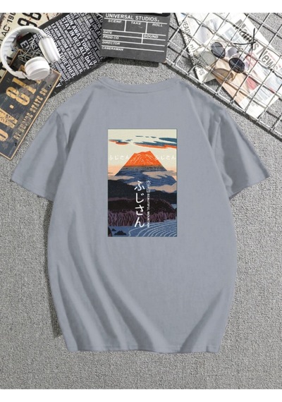Mount Fuji Baskılı Gri T-shirt Oversize Unisex Gri Mount Fuji Baskılı Gri T-shirt Oversize Unisex Gri