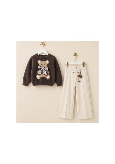 Ministok Browny Bear Kız Çocuk Çarm Detaylı Pantolon Kazak 2'li Takım Kahverengi
