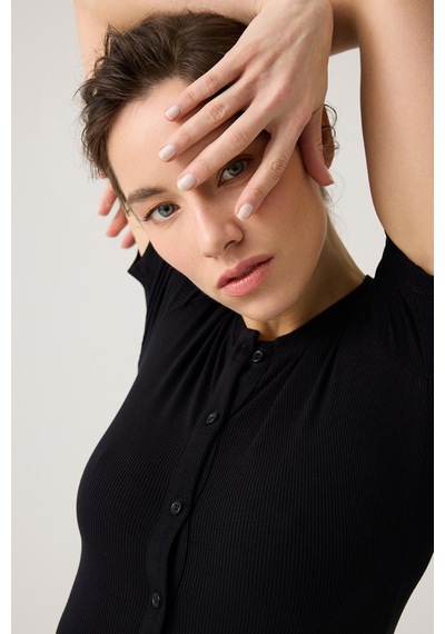 Los Ojos Siyah Fitilli Kısa Kollu Kısa Tulum Short Romper Siyah Siyah