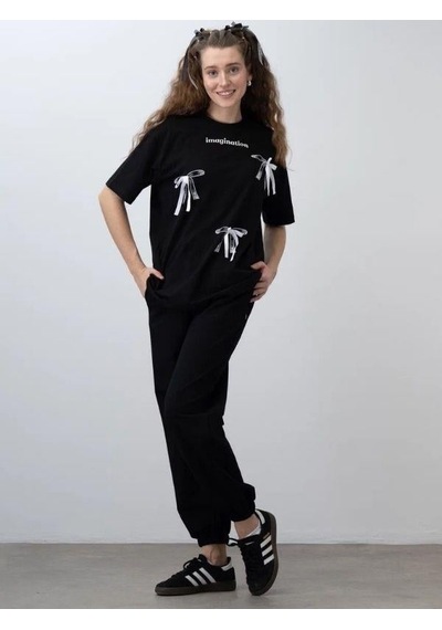 Zekids Kız Çocuk Fiyonk Detaylı Oversize T-shirt-15531 Siyah