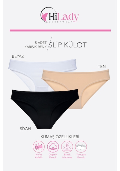 Kadın Külot, 5li Paket Karışık Renkli Slip Külot Rahat Pamuklu Yumuşak Kumaş Siyah - Beyaz - Ten