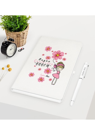 Kişiye Özel Bugün Günlerden Annem Beyaz Defter Kalem Seti - 2 Beyaz