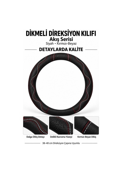 Trobus Ford Transit Connect 2002-2013 Uyumlu Dikmeli Direksiyon Kılıfı Akış Siyah Kırmızı-beyaz Siyah - Kırmızı-beyaz
