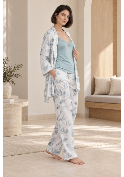 Loule Kadın Mint Yaprak Desenli Sabahlıklı Penye Pijama Takımı