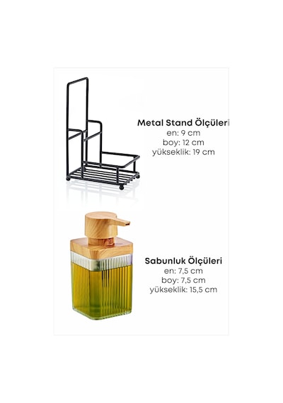 Grimorlife Metal Standlı Süngerli Tekli Şeffaf Ahşap Akrilik Bulaşık Deterjanı Sıvı Sabunluk -bez Askılığı Şeffaf